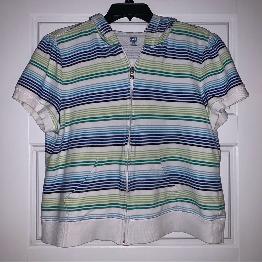 SJB Active Petite XL Short Sleeve Hoodie Striped Green Blue White Zip Up
